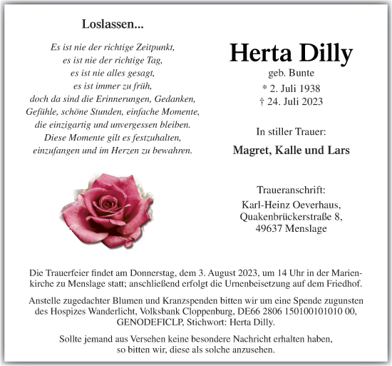 Traueranzeige von Herta Dilly von Neue Osnabrücker Zeitung GmbH & Co. KG