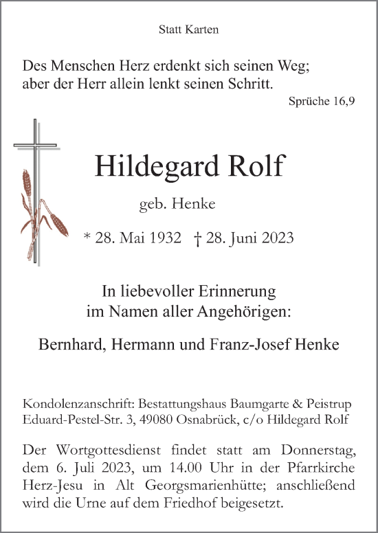 Traueranzeige von Hildegard Rolf von Neue Osnabrücker Zeitung GmbH & Co. KG