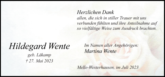 Traueranzeige von Hildegard Wente von Neue Osnabrücker Zeitung GmbH & Co. KG