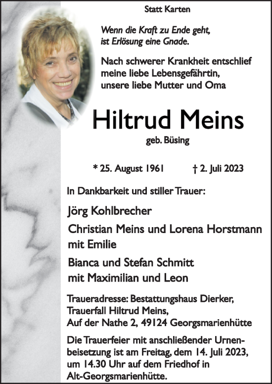 Traueranzeige von Hiltrud Meins von Neue Osnabrücker Zeitung GmbH & Co. KG