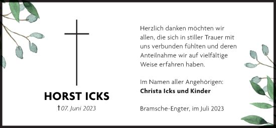 Traueranzeige von Horst Icks von Neue Osnabrücker Zeitung GmbH & Co. KG