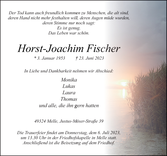 Traueranzeige von Horst-Joachim Fischer von Neue Osnabrücker Zeitung GmbH & Co. KG