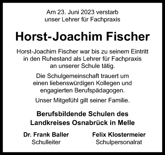 Traueranzeige von Horst-Joachim Fischer von Neue Osnabrücker Zeitung GmbH & Co. KG