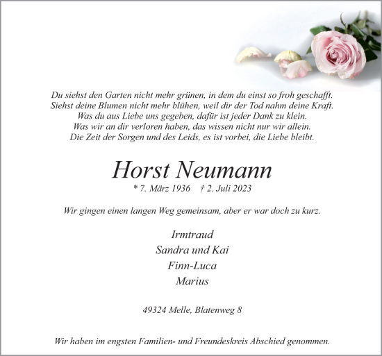 Traueranzeige von Horst Neumann von Neue Osnabrücker Zeitung GmbH & Co. KG