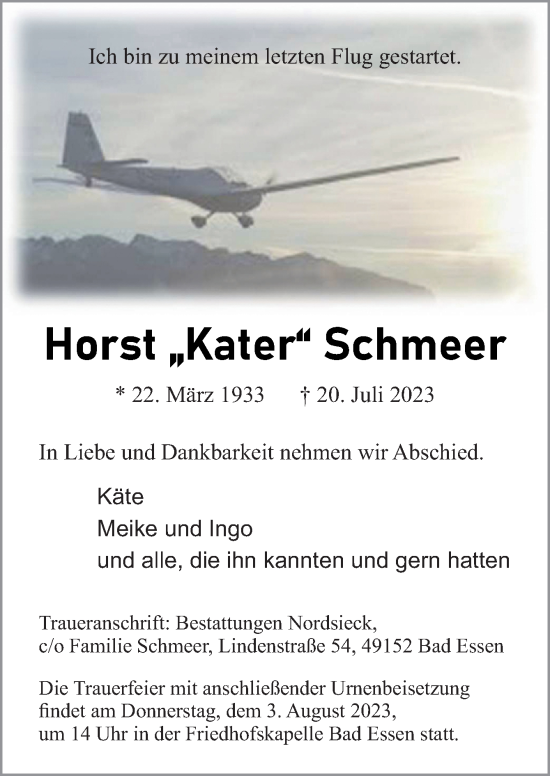 Traueranzeige von Horst Schmeer von Neue Osnabrücker Zeitung GmbH & Co. KG