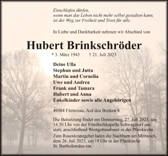 Traueranzeige von Hubert Brinkschröder von Neue Osnabrücker Zeitung GmbH & Co. KG