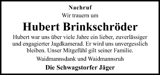 Traueranzeige von Hubert Brinkschröder von Neue Osnabrücker Zeitung GmbH & Co. KG