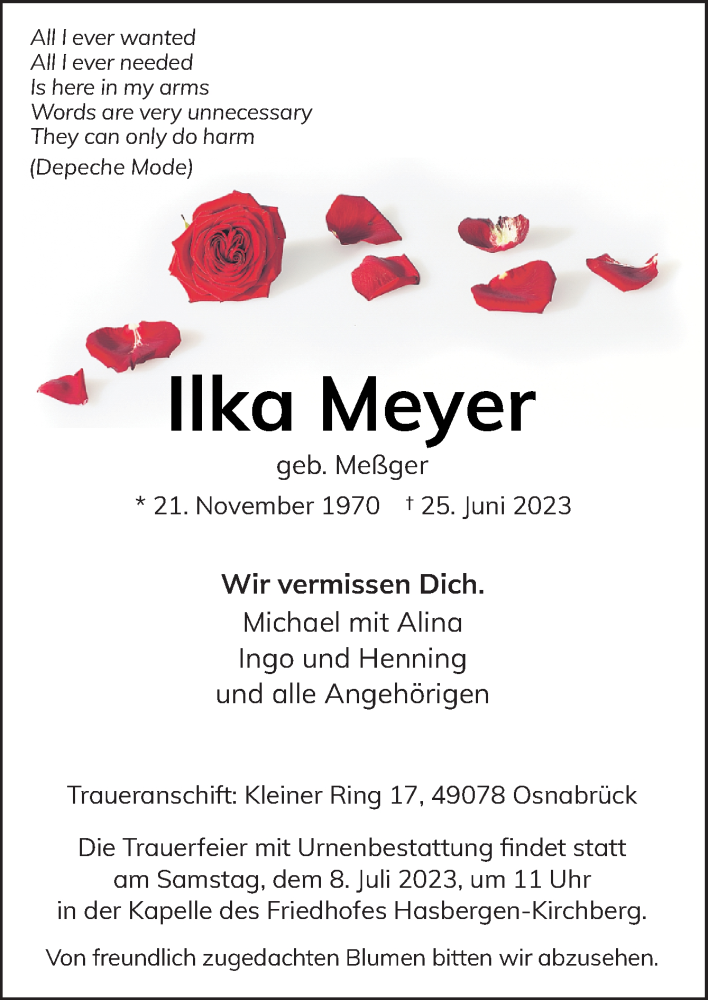  Traueranzeige für Ilka Meyer vom 01.07.2023 aus Neue Osnabrücker Zeitung GmbH & Co. KG