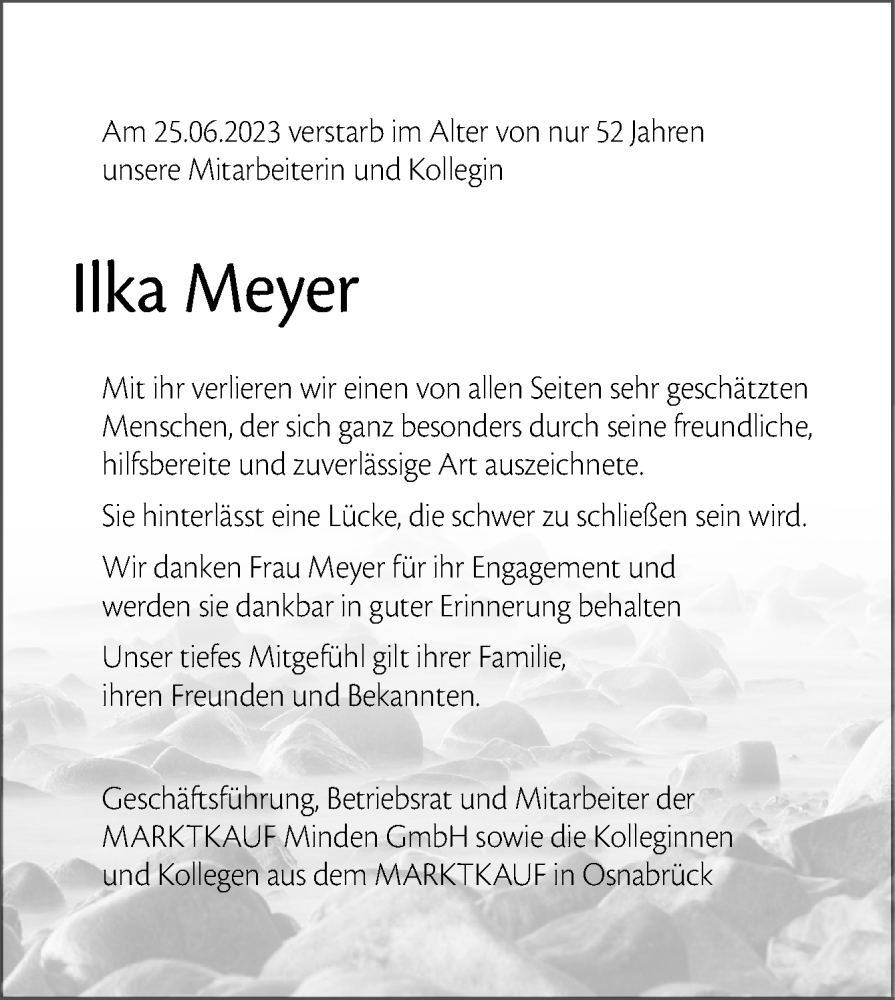  Traueranzeige für Ilka Meyer vom 01.07.2023 aus Neue Osnabrücker Zeitung GmbH & Co. KG