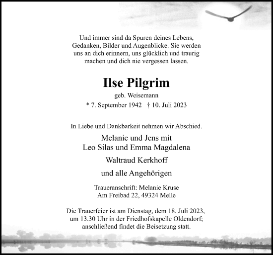 Traueranzeige von Ilse Pilgrim von Neue Osnabrücker Zeitung GmbH & Co. KG