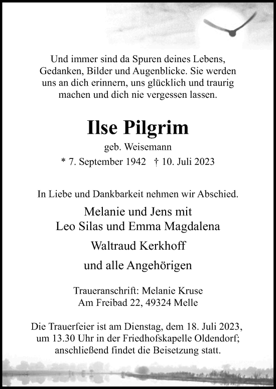 Traueranzeige von Ilse Pilgrim von Neue Osnabrücker Zeitung GmbH & Co. KG