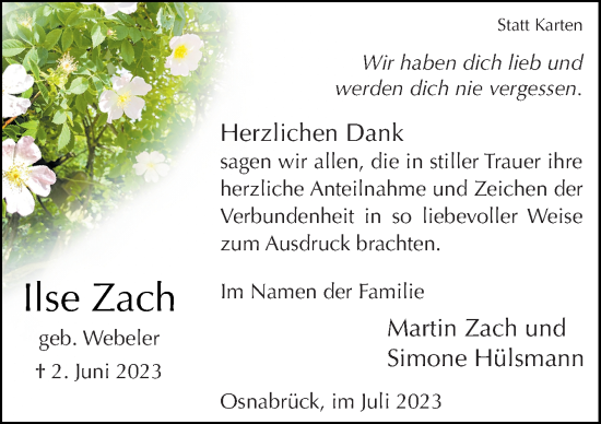 Traueranzeige von Ilse Zach von Neue Osnabrücker Zeitung GmbH & Co. KG