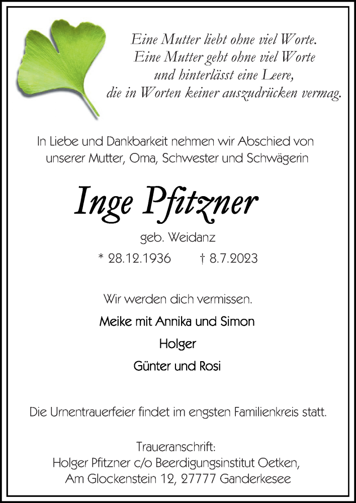  Traueranzeige für Inge Pfitzner vom 15.07.2023 aus DK Medien GmbH & Co. KG