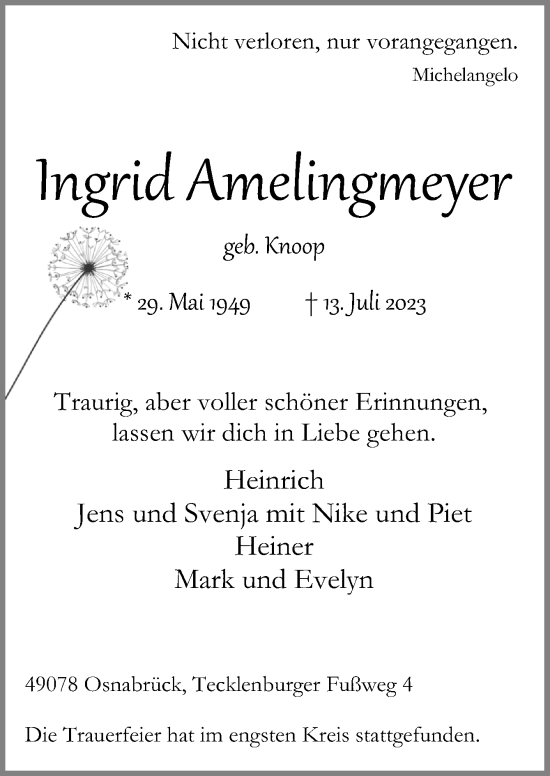 Traueranzeige von Ingrid Amelingmeyer von Neue Osnabrücker Zeitung GmbH & Co. KG