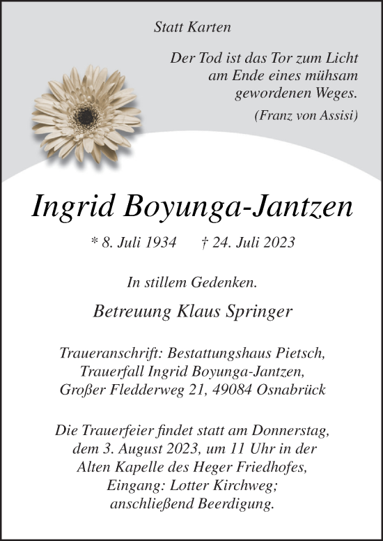 Traueranzeige von Ingrid Boyunga-Jantzen von Neue Osnabrücker Zeitung GmbH & Co. KG