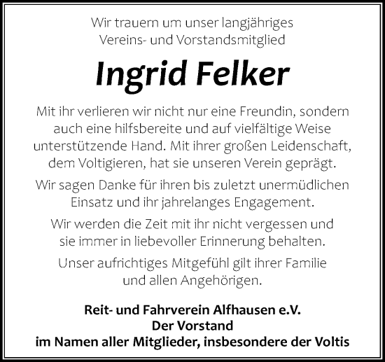 Traueranzeige von Ingrid Felker von Neue Osnabrücker Zeitung GmbH & Co. KG