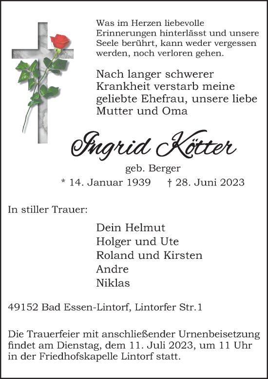 Traueranzeige von Ingrid Kötter von Neue Osnabrücker Zeitung GmbH & Co. KG