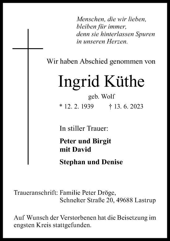 Traueranzeige von Ingrid Küthe von Neue Osnabrücker Zeitung GmbH & Co. KG