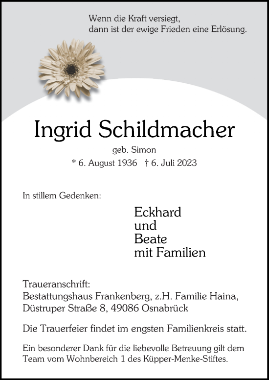 Traueranzeige von Ingrid Schildmacher von Neue Osnabrücker Zeitung GmbH & Co. KG