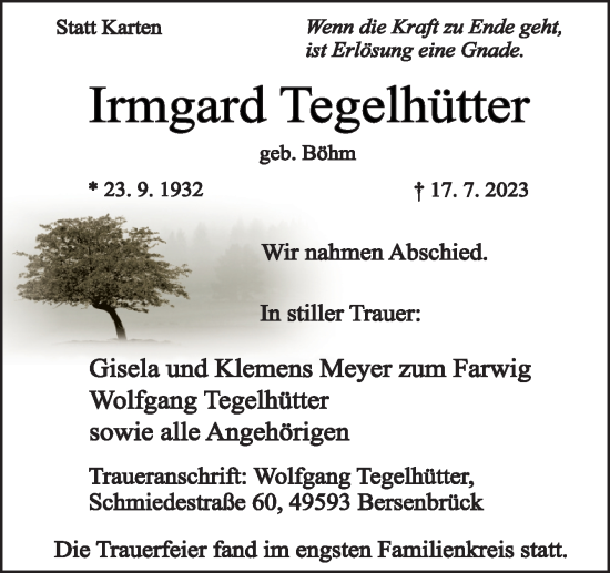 Traueranzeige von Irmgard Tegelhütter von Neue Osnabrücker Zeitung GmbH & Co. KG