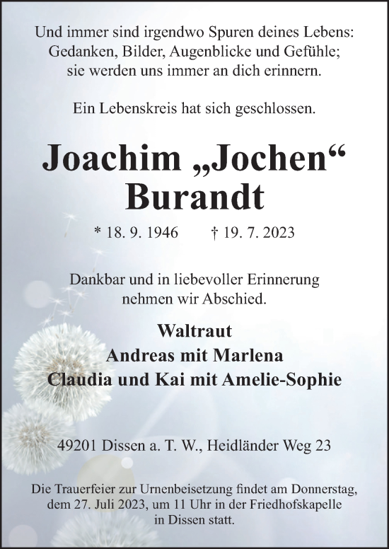 Traueranzeige von Joachim Burandt von Neue Osnabrücker Zeitung GmbH & Co. KG