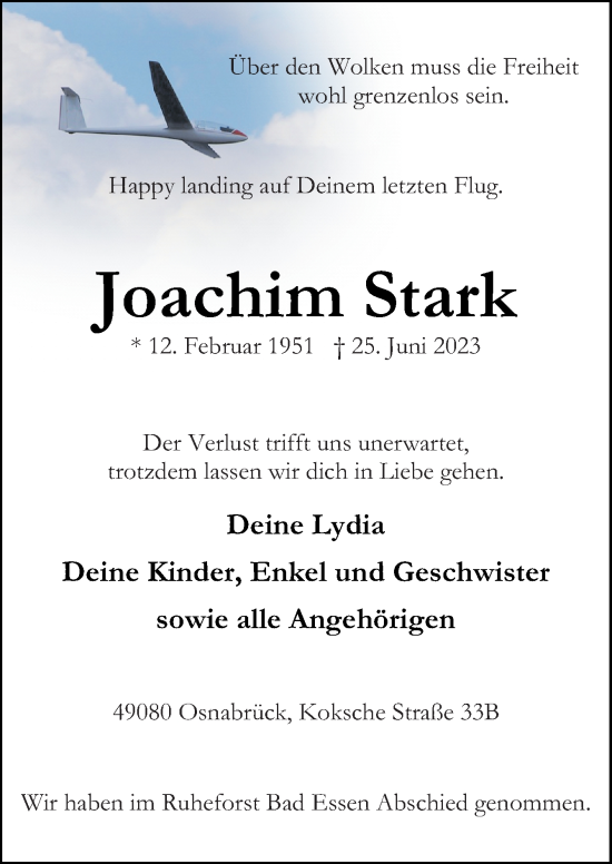 Traueranzeige von Joachim Stark von Neue Osnabrücker Zeitung GmbH & Co. KG
