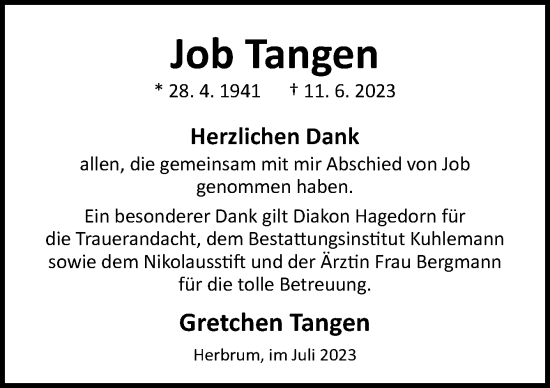 Traueranzeige von Job Tangen von Neue Osnabrücker Zeitung GmbH & Co. KG