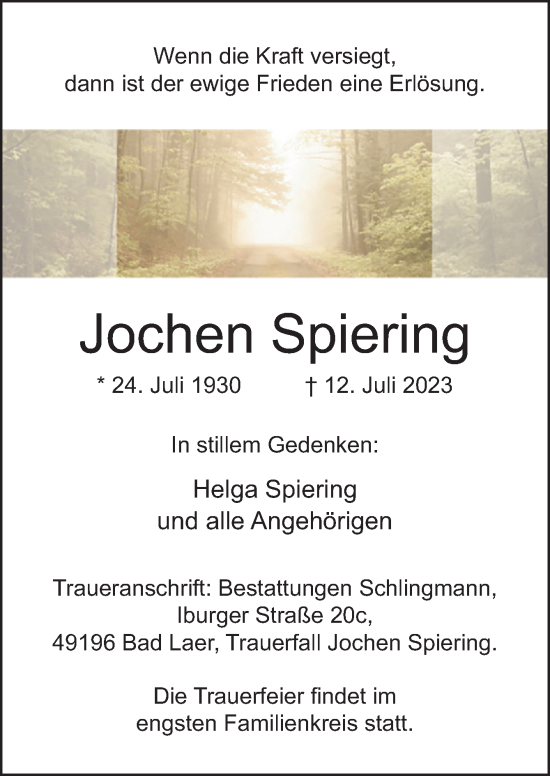 Traueranzeige von Jochen Spiering von Neue Osnabrücker Zeitung GmbH & Co. KG