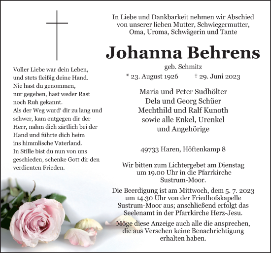 Traueranzeige von Johanna Behrens von Neue Osnabrücker Zeitung GmbH & Co. KG