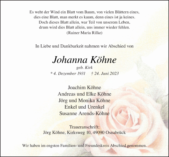 Traueranzeige von Johanna Köhne von Neue Osnabrücker Zeitung GmbH & Co. KG