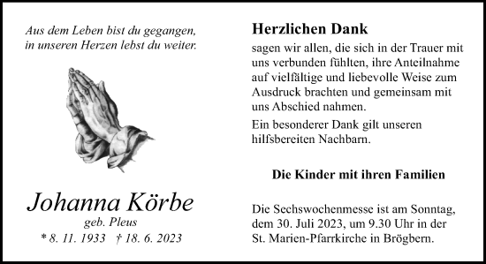 Traueranzeige von Johanna Körbe von Neue Osnabrücker Zeitung GmbH & Co. KG