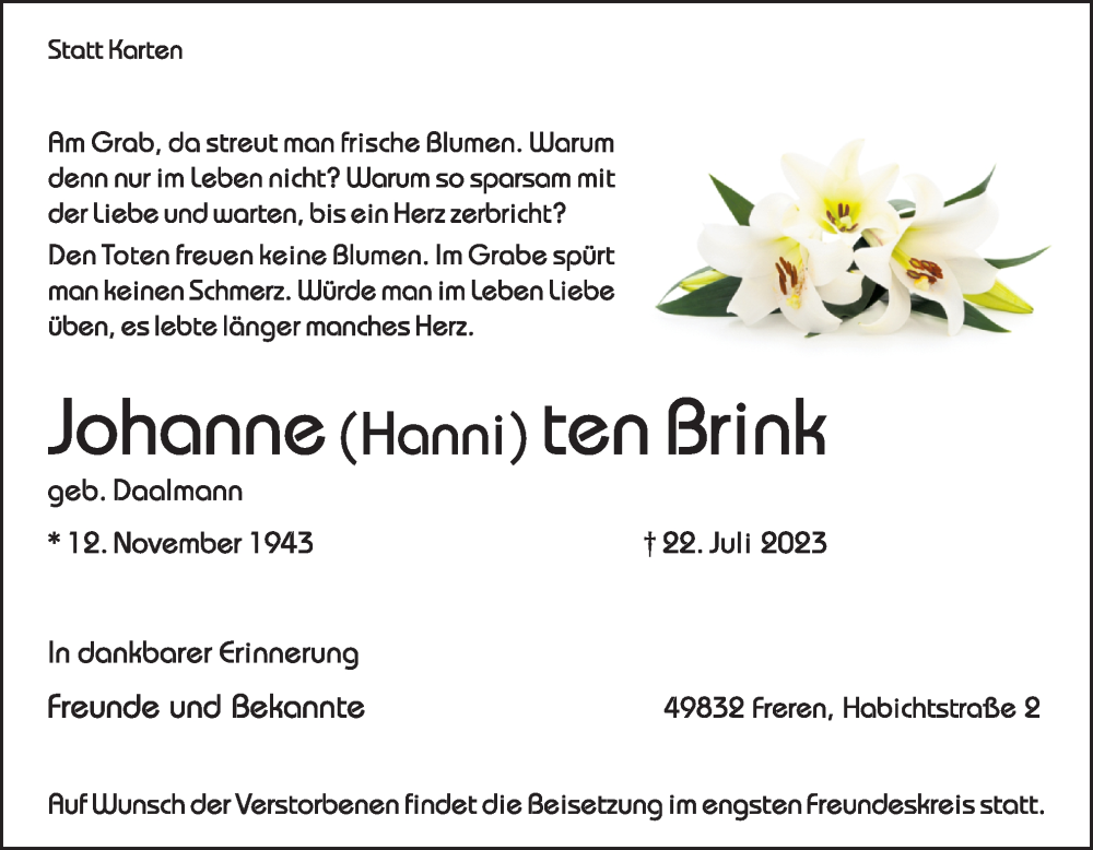  Traueranzeige für Johanne ten Brink vom 26.07.2023 aus Neue Osnabrücker Zeitung GmbH & Co. KG