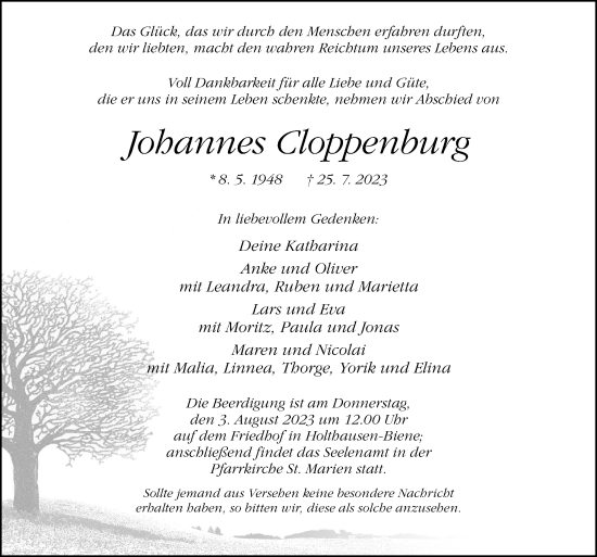Traueranzeige von Johannes Cloppenburg von Neue Osnabrücker Zeitung GmbH & Co. KG