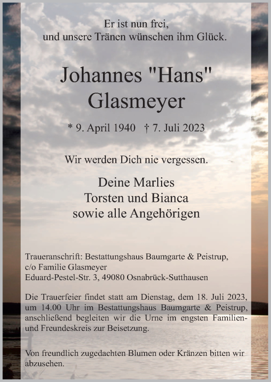 Traueranzeige von Johannes Glasmeyer von Neue Osnabrücker Zeitung GmbH & Co. KG