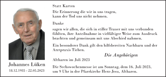 Traueranzeige von Johannes Lüken von Neue Osnabrücker Zeitung GmbH & Co. KG