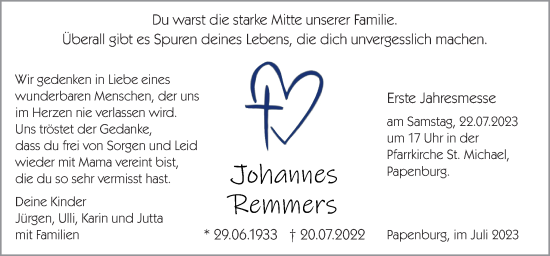 Traueranzeige von Johannes Remmers von Neue Osnabrücker Zeitung GmbH & Co. KG