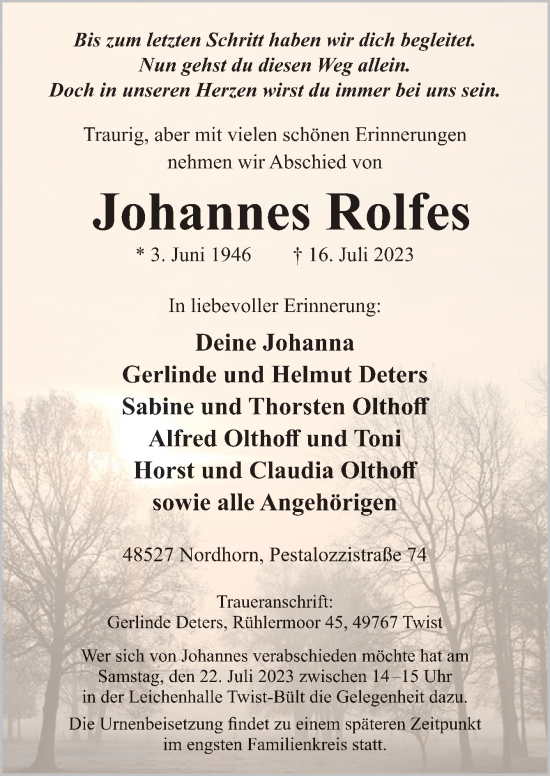 Traueranzeige von Johannes Rolfes von Neue Osnabrücker Zeitung GmbH & Co. KG