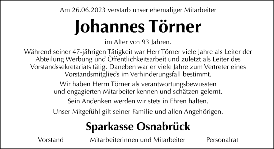 Traueranzeige von Johannes Törner von Neue Osnabrücker Zeitung GmbH & Co. KG