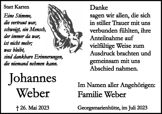 Traueranzeige von Johannes Weber von Neue Osnabrücker Zeitung GmbH & Co. KG