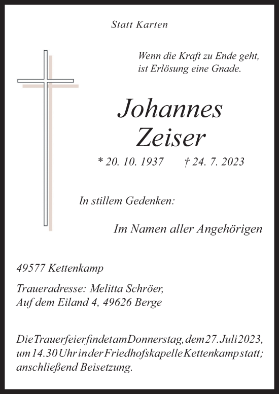 Traueranzeige von Johannes Zeiser von Neue Osnabrücker Zeitung GmbH & Co. KG