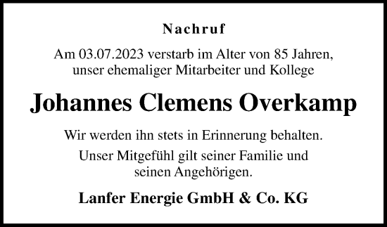 Traueranzeige von Johannes Clemens Overkamp von Neue Osnabrücker Zeitung GmbH & Co. KG