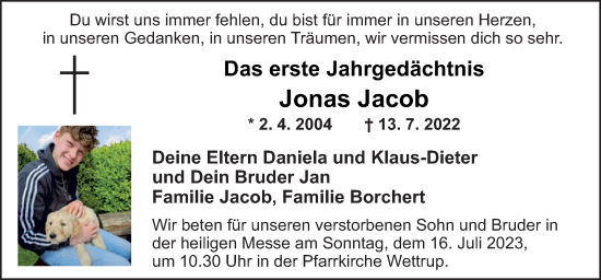 Traueranzeige von Jonas Jacob von Neue Osnabrücker Zeitung GmbH & Co. KG