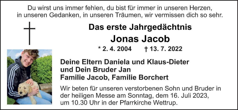  Traueranzeige für Jonas Jacob vom 13.07.2023 aus Neue Osnabrücker Zeitung GmbH & Co. KG