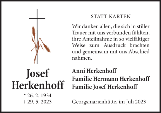 Traueranzeige von Josef Herkenhoff von Neue Osnabrücker Zeitung GmbH & Co. KG