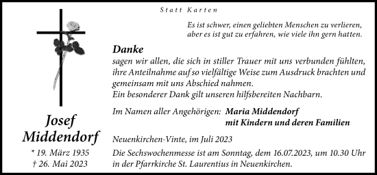 Traueranzeige von Josef Middendorf von Neue Osnabrücker Zeitung GmbH & Co. KG
