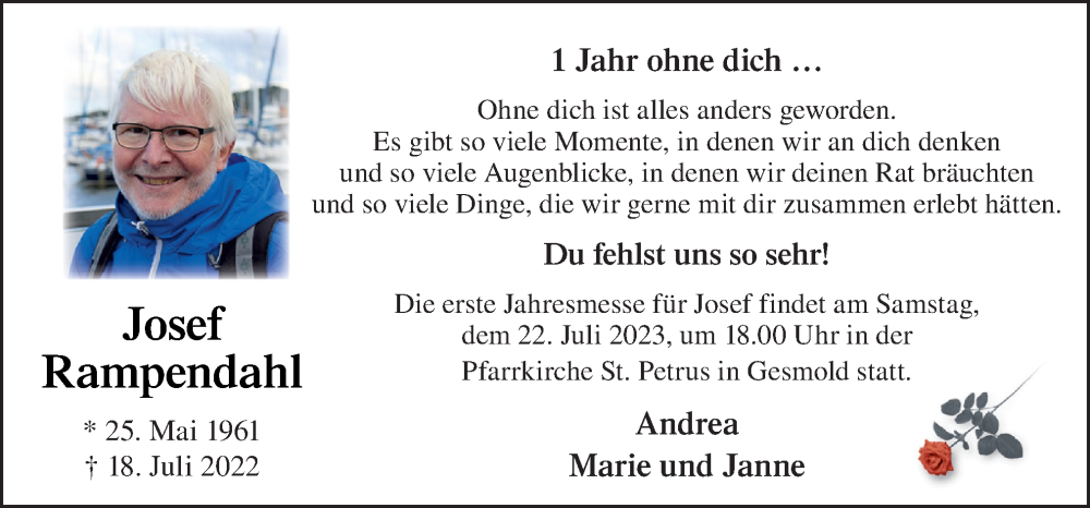  Traueranzeige für Josef Rampendahl vom 18.07.2023 aus Neue Osnabrücker Zeitung GmbH & Co. KG
