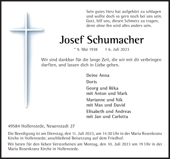 Traueranzeige von Josef Schumacher von Neue Osnabrücker Zeitung GmbH & Co. KG
