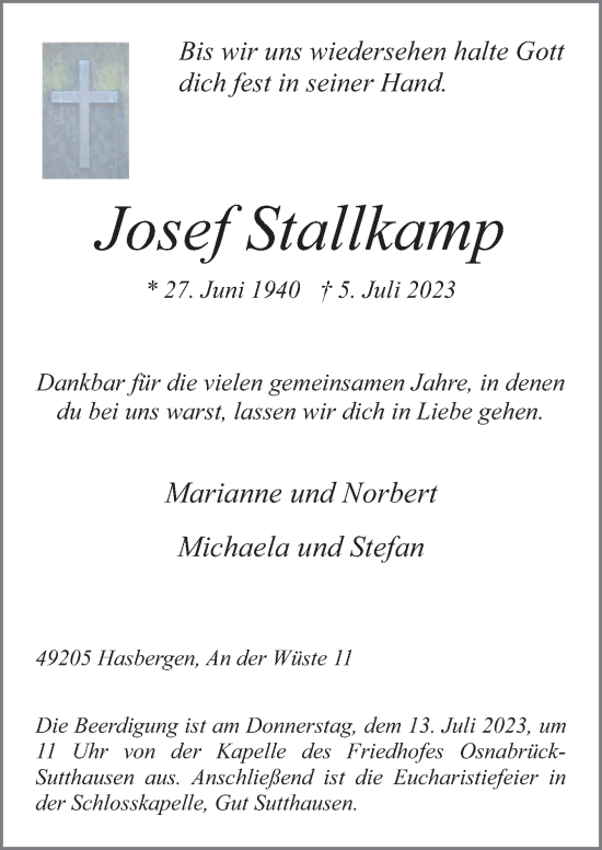 Traueranzeige von Josef Stallkamp von Neue Osnabrücker Zeitung GmbH & Co. KG