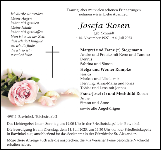 Traueranzeige von Josefa Rosen von Neue Osnabrücker Zeitung GmbH & Co. KG