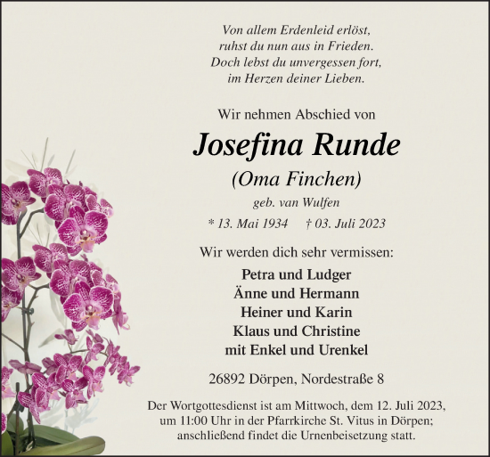 Traueranzeige von Josefina Runde von Neue Osnabrücker Zeitung GmbH & Co. KG